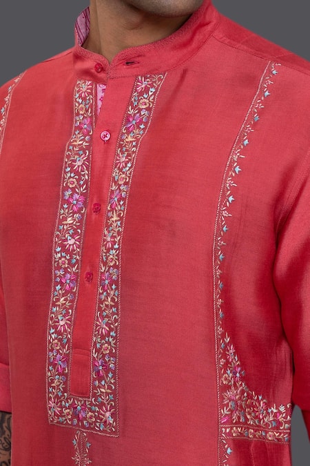 Shop_Raghavendra Rathore Jodhpur_Pink Silk Thread Embroidered Kurta _Online_at_Aza_Fashions