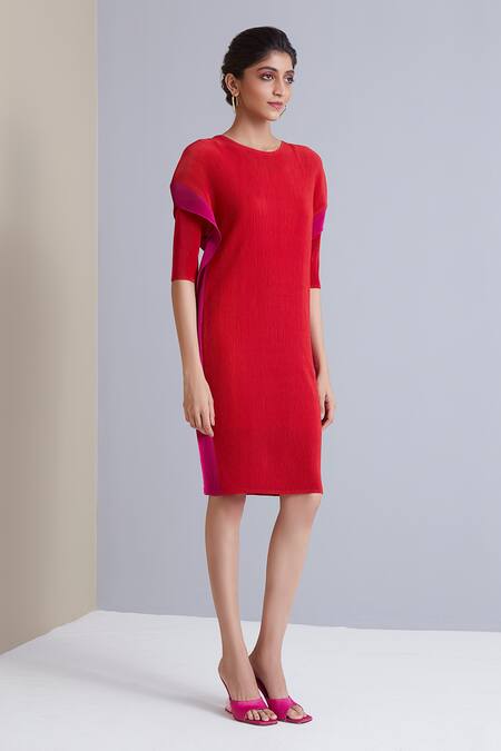 Scarlet Sage_Red 100% Polyester Round Milana Pleated Dress_Online_at_Aza_Fashions