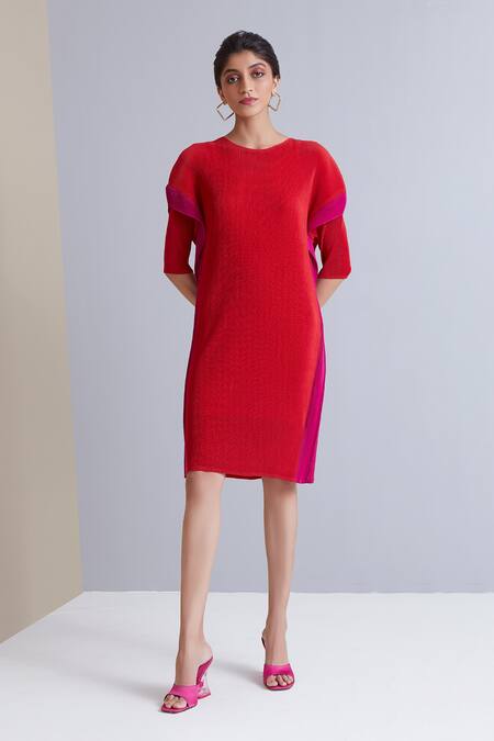 Buy_Scarlet Sage_Red 100% Polyester Round Milana Pleated Dress_Online_at_Aza_Fashions