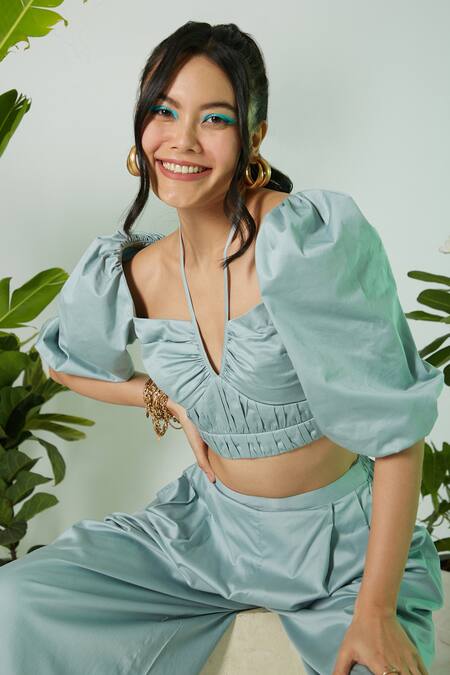 Ekastories_Grey Poplin Halter Neck The Mojo Gathered Blouse And Pant Set_Online_at_Aza_Fashions