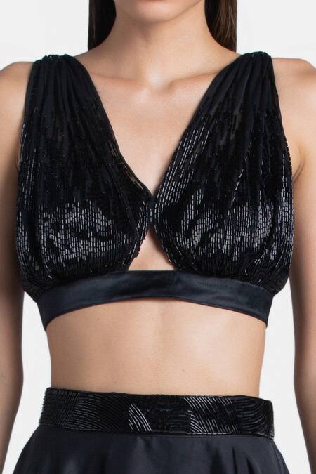 431-88 By Shweta Kapur_Black Net Embroidery V-neck Sia Cut Dana Top_Online_at_Aza_Fashions