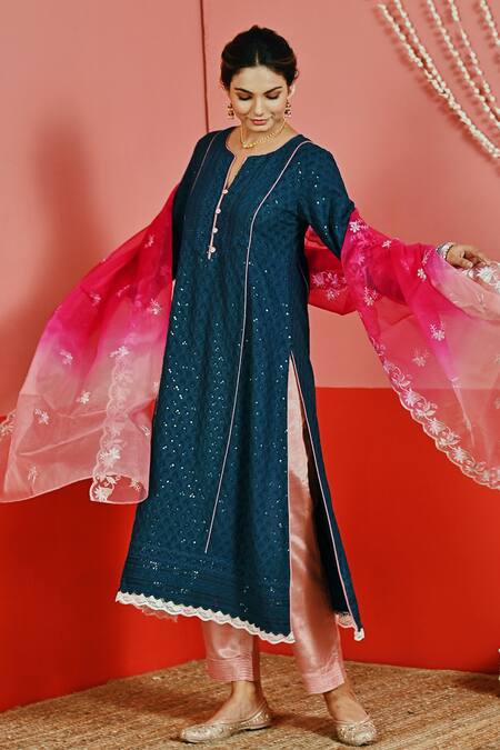 Myaara Blue Cotton, Organza Embroidery, Sequins Split V-neck Floral Kurta Set Online at Aza Fashions Myaara_Blue Cotton, Organza Embroidery, Sequins Split V-neck Floral Kurta Set _Online_at_Aza_Fashions