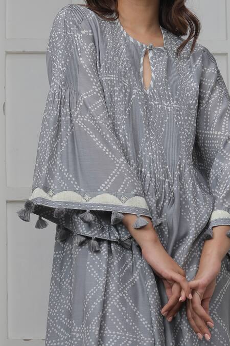 Buy_Myoho_Grey Cotton, Silk Round Neck Dotted Tribal Pattern Dress _Online_at_Aza_Fashions
