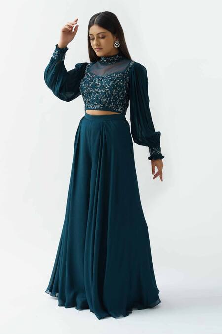 Suruchi Parakh_Blue Georgette Crepe Lining Shantoon Cutdana And Sequin High Crop Top & Pant Set_Online_at_Aza_Fashions