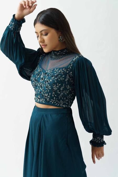 Buy_Suruchi Parakh_Blue Georgette Crepe Lining Shantoon Cutdana And Sequin High Crop Top & Pant Set_Online_at_Aza_Fashions