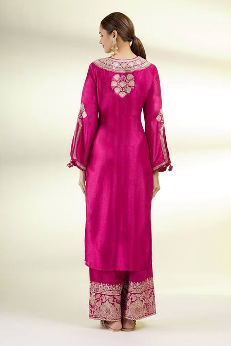 Gopi Vaid_Pink Dupatta Organza, Kurta And Palazzo Tussar Silk Floral Embroidered Set _Online_at_Aza_Fashions