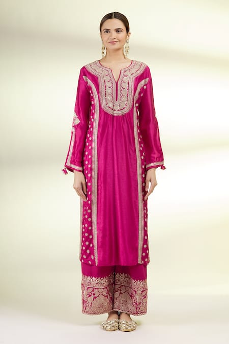 Shop_Gopi Vaid_Pink Dupatta Organza, Kurta And Palazzo Tussar Silk Floral Embroidered Set _Online_at_Aza_Fashions