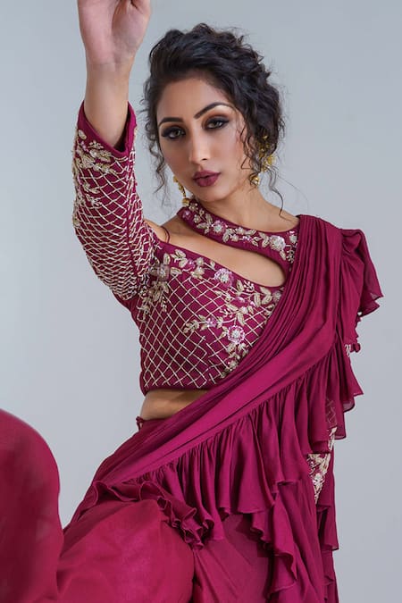 Suruchi Parakh_Purple Georgette Crepe Lining Shantoon Sequin, Pre-draped Pant Saree Set _Online_at_Aza_Fashions