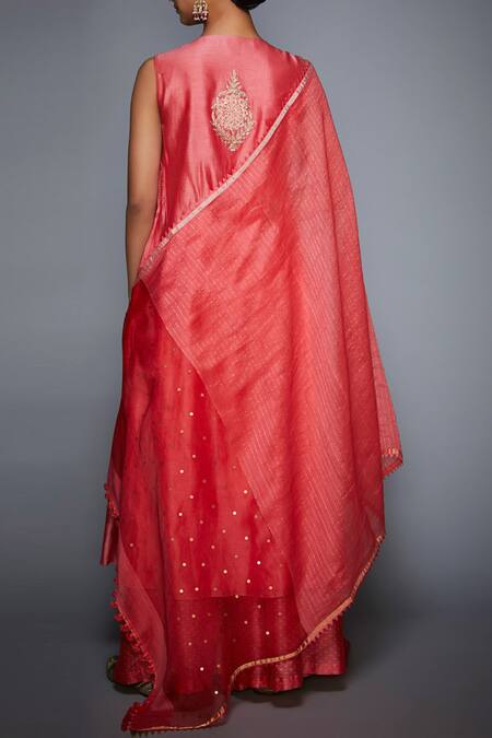 Shop_RI.Ritu Kumar_Coral Silk Chanderi Round Kurta Palazzo Set_at_Aza_Fashions