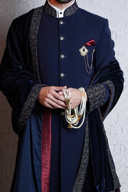Soniya G_Blue Italian Crepe Mandarin Collar Sherwani Set _Online_at_Aza_Fashions