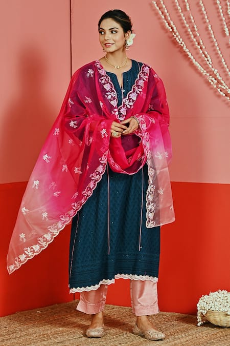 Buy Myaara Blue Cotton, Organza Embroidery, Sequins Split V-neck Floral Kurta Set Online at Aza Fashions Buy_Myaara_Blue Cotton, Organza Embroidery, Sequins Split V-neck Floral Kurta Set _Online_at_Aza_Fashions