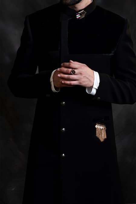 Shop_Soniya G_Black Italian Crepe Sherwani And Printed Kurta Set _Online_at_Aza_Fashions