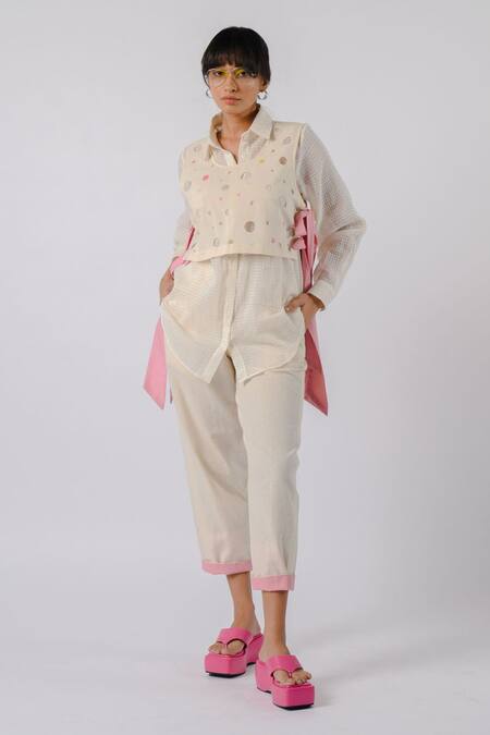 Buy_Tussah By Siddhi Shah_Off White Handloom Cotton Cut Work Collared Shirt And Pant Set _Online_at_Aza_Fashions