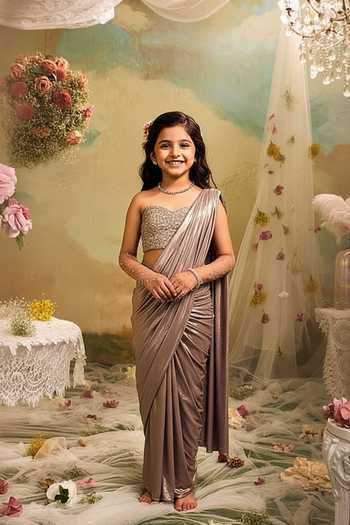 Studio22 By Pulkita Arora Bajaj Pre-Draped Tasseled Saree With Embellished Blouse For Kids