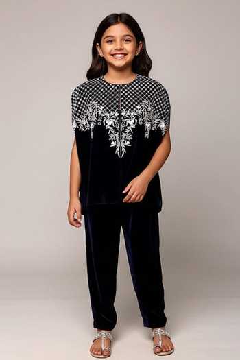 Studio22 By Pulkita Arora Bajaj Belle in Blue Embellished Velvet Jacket Pant Set For Kids