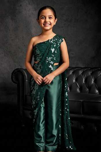 Studio22 By Pulkita Arora Bajaj Splendour Sequin Embellished Pre-Draped Saree With Blouse For Kids