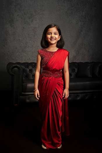 Studio22 By Pulkita Arora Bajaj Phoenix Pre-Draped Saree Encrusted Blouse Set For Kids