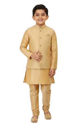 Manish Nagdeo Gold Quilted Bundi Jacket Kurta Set For Kids