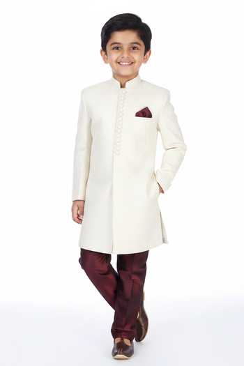 Manish Nagdeo Ivory sherwani with wine trousers  For Kids