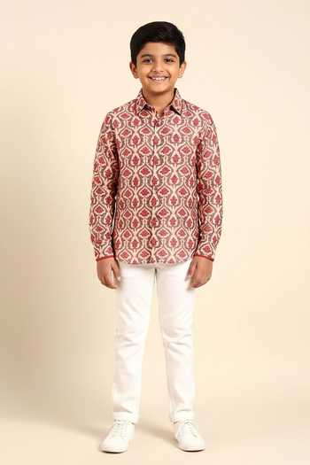 Mayank Modi - Men Mughal Floral Print Front Placket Shirt For Kids