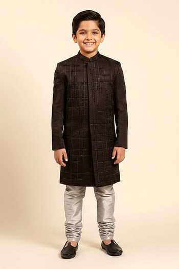 Mayank Modi - Men Cutdana Checks Embroidered Sherwani With Churidar For Kids