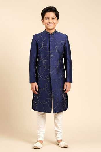 Mayank Modi - Men Cutdana Angular Pattern Sherwani With Churidar For Kids