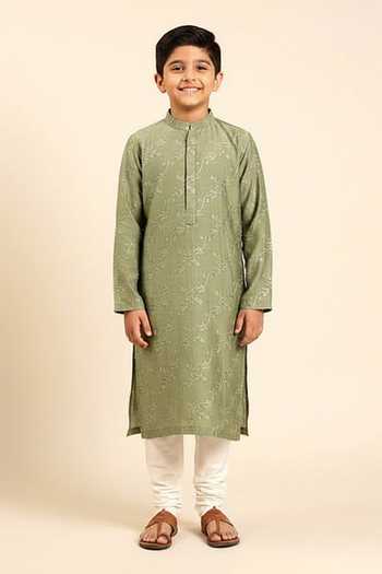 Mayank Modi - Men Silk Chanderi Thread Embroidered Kurta With Churidar For Kids