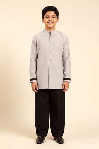 Buy Mayank Modi - Men Grey Cotton Mandarin Collar Shirt For Kids at Aza Fashions Buy_Mayank Modi - Men_Grey Cotton Mandarin Collar Shirt For Kids_at_Aza_Fashions