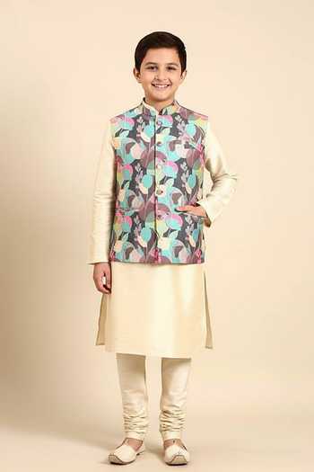 Mayank Modi - Men Floral Printed Nehru Jacket For Kids