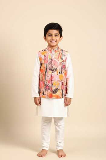 Mayank Modi - Men Abstract Floral Digital Print Nehru Jacket For Kids