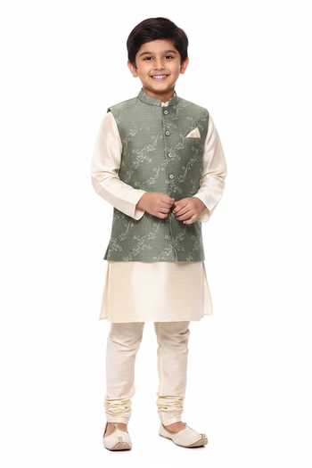 Mayank Modi - Men Floral Vine Embroidered Chanderi Bundi For Kids
