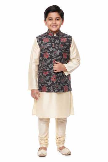 Mayank Modi - Men Florette Print Black & Red Bundi For Kids
