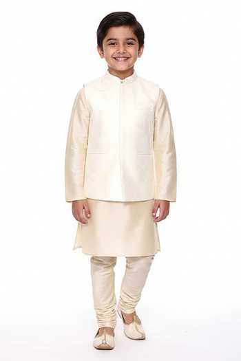 Mayank Modi - Men Leaf Vine Embroidered Chanderi Bundi For Kids