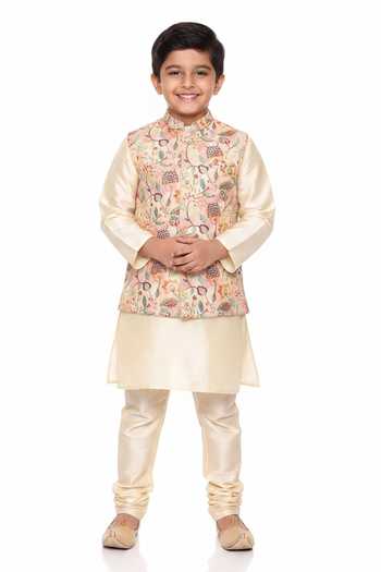 Mayank Modi - Men Peach Jacobean Print Bundi For Kids