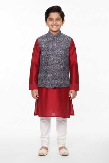 Mayank Modi - Men Vintage Print Blue Bundi For Kids