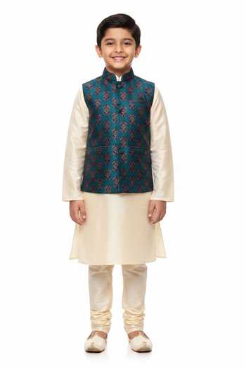 Mayank Modi - Men Floral Print Blue Bundi For Kids