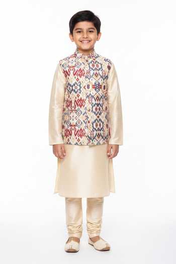 Mayank Modi - Men Monochrome Ikat Print Bundi For Kids