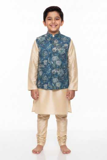 Mayank Modi - Men Blue Botanical Print Bundi For Kids