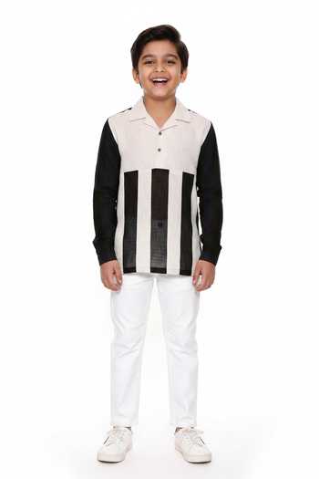 Mayank Modi - Men Linen Color Block Short Kurta For Kids