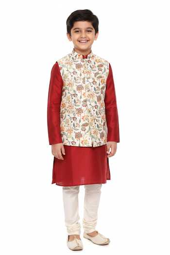Mayank Modi - Men Floral Print Nehru Jacket For Kids