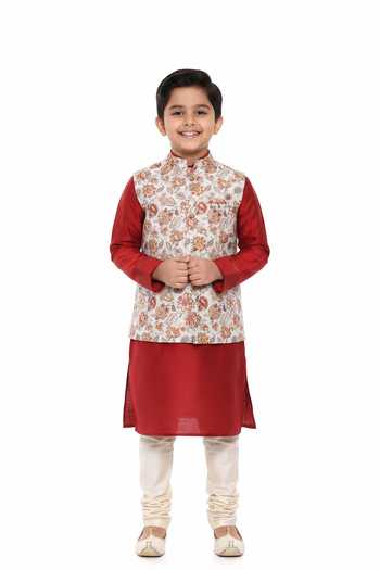 Mayank Modi - Men Floral Print Nehru Jacket For Kids