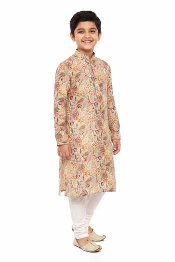 Mayank Modi - Men Muslin Mughal Floral Print Kurta Set For Kids