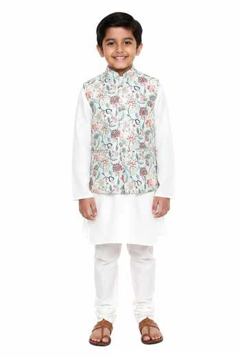 Mayank Modi - Men Floral Print Silk Bundi For Kids