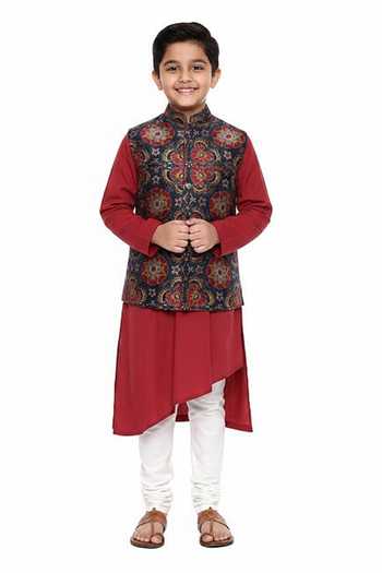 Mayank Modi - Men Floral Print Silk Bundi For Kids