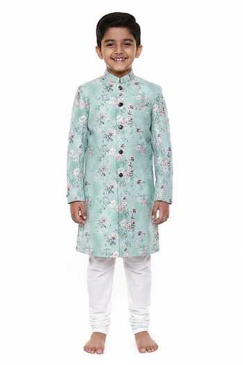 Mayank Modi - Men Linen Floral Print Sherwani Set For Kids