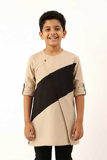 Mayank Modi - Men Beige-Black Colorblock Short Kurta For Kids