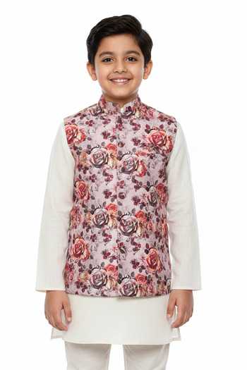 Mayank Modi - Men Floral Printed Nehru Jacket For Kids