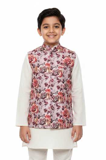 Mayank Modi - Men Floral Printed Nehru Jacket For Kids