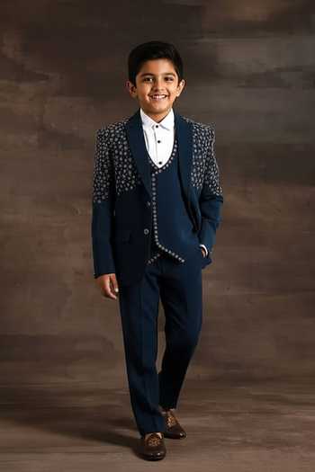 Soniya G Turquoise Blue Floral Zari Tuxedo Set For Kids