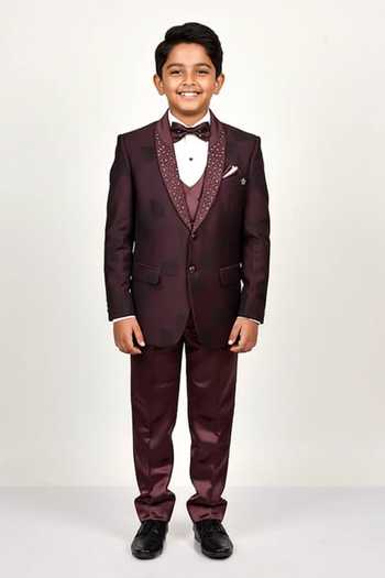 Soniya G Wine Embroidered Shawl Collar Tuxedo Set For Kids